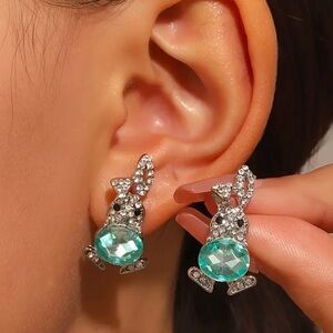 Sparkling Crystal Bunny Stud Earrings Silver Tone Turquoise CZ NWT